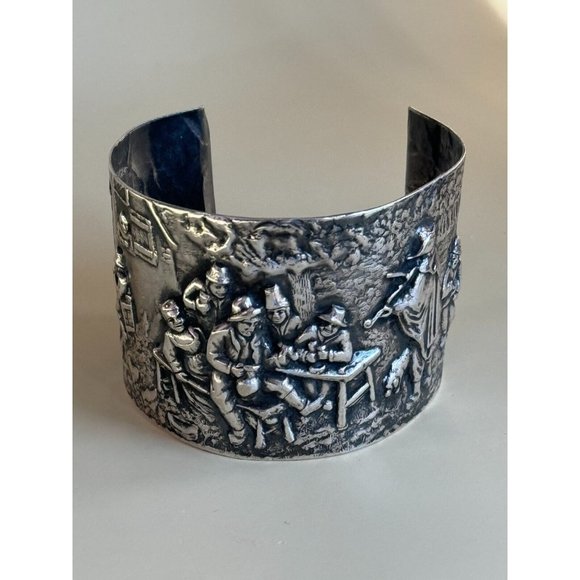 Vintage Denmark Repousse Story Scene Hans Jensen Silverplate Wide Cuff Bracelet - Picture 2 of 9